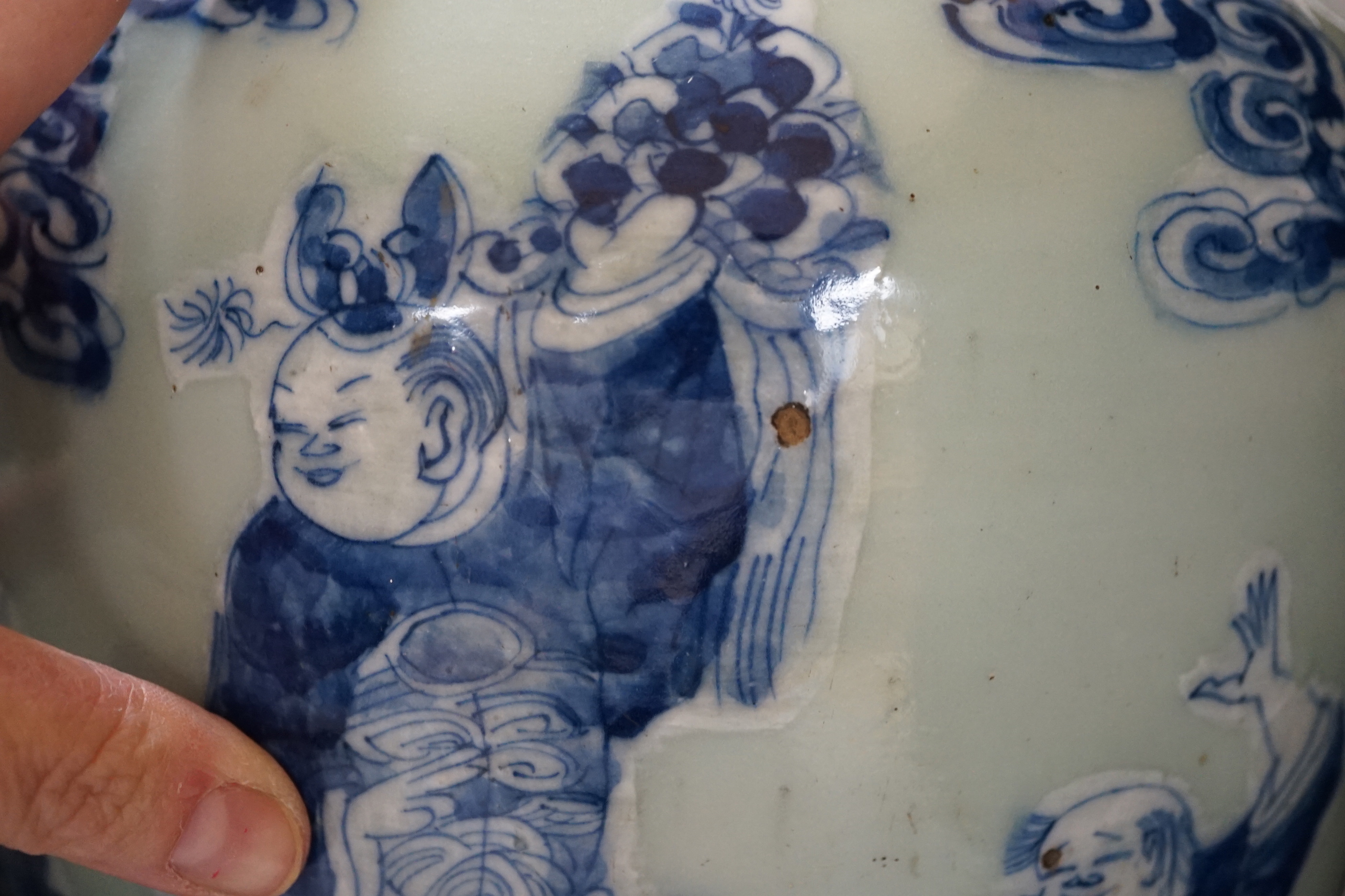 Two Chinese blue and white celadon glazed lamp bases, largest 43cm high including fitting